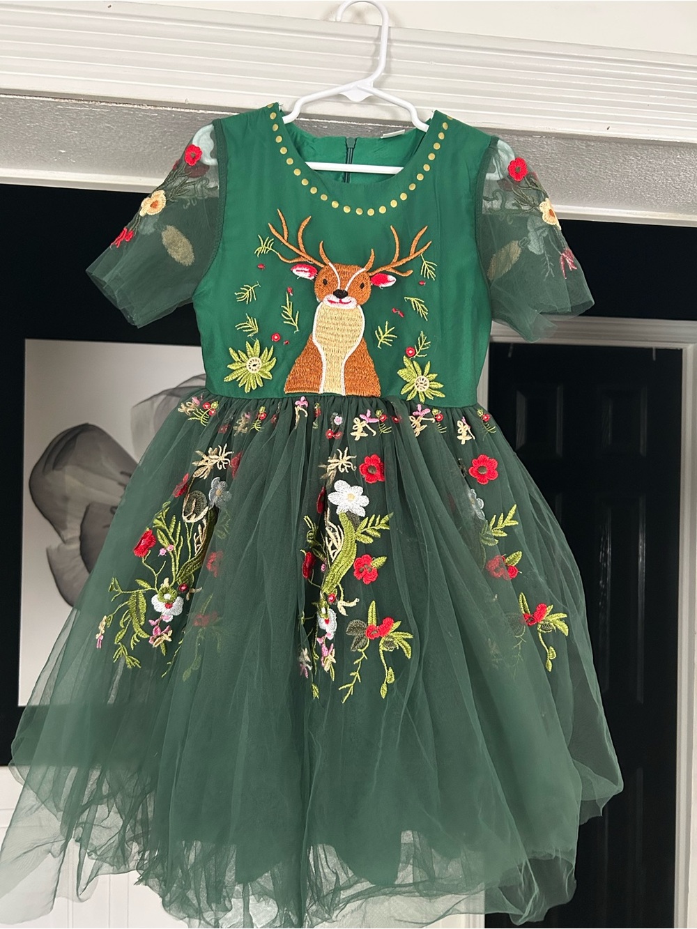 Taylor Green Tulle Dress with Embroidered Deer and Floral Details😍